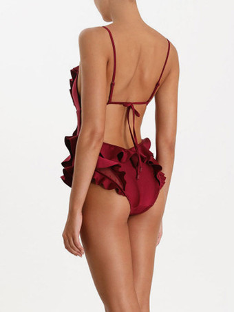 モノキニ 水着 バーガンディ フリル V ネック バックレス サマー ビーチ スイムウェア