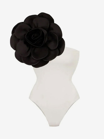 女性のためのワンピース水着ブラックホワイト花非対称ネック背中の開いた夏のセクシーな水着