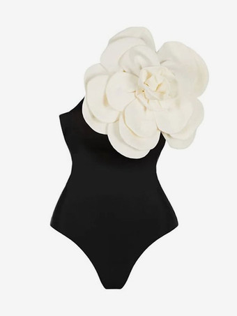 女性のためのワンピース水着ブラックホワイト花非対称ネック背中の開いた夏のセクシーな水着