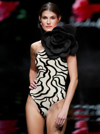 女性のためのワンピース水着ブラックホワイト花非対称ネック背中の開いた夏のセクシーな水着