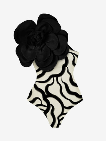 女性のためのワンピース水着ブラックホワイト花非対称ネック背中の開いた夏のセクシーな水着