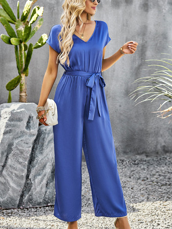 ブルー Vネック 半袖 レースアップ バックレス ワイド サマー ジャンプスーツ