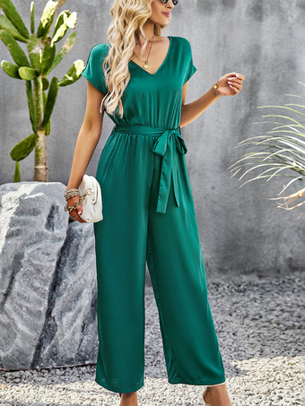 ブルー Vネック 半袖 レースアップ バックレス ワイド サマー ジャンプスーツ