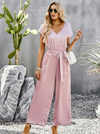 ブルー Vネック 半袖 レースアップ バックレス ワイド サマー ジャンプスーツ