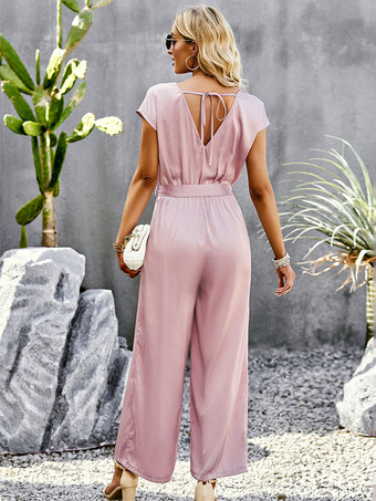 ブルー Vネック 半袖 レースアップ バックレス ワイド サマー ジャンプスーツ