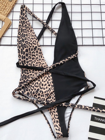 女性のためのモノキニ水着コーヒーブラウンヒョウ柄フリル V ネック背中の開いた夏のビーチ水着