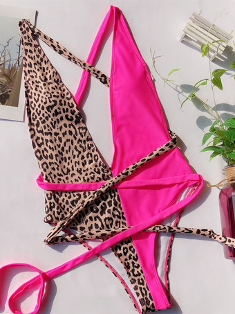 女性のためのモノキニ水着コーヒーブラウンヒョウ柄フリル V ネック背中の開いた夏のビーチ水着