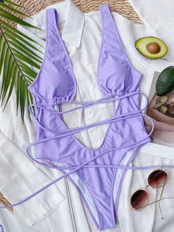 モノキニ水着ロイヤル ブルー レースアップ V ネック バックレス サマー ビーチ水着