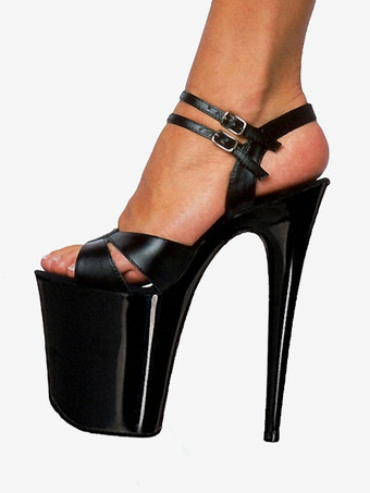 ブラック 女性のセクシーなサンダルレッド PU レザーラウンドトゥ 3.9 "バックル 7.9" セクシーな靴