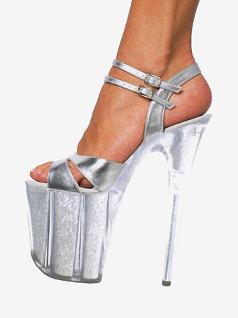 シルバー 女性のセクシーなサンダルレッド PU レザーラウンドトゥ 3.9 "バックル 7.9" セクシーな靴