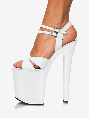 ホワイト 女性のセクシーなサンダルレッド PU レザーラウンドトゥ 3.9 "バックル 7.9" セクシーな靴