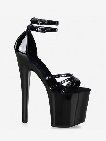 Sandali sexy con tacco alto Scarpe sexy in pelle PU nera Punta tonda 3 9 "fibbia 7 9".