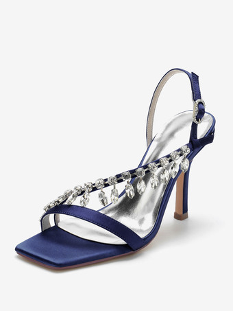 bleu foncé Sandales de mariée Ivoire Satin Chic Sandales de mariage à bout ouvert et strass