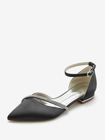 ブラック ブライダルシューズ ブライダルフラット シルク＆サテン ポインテッドトゥ ラインストーン