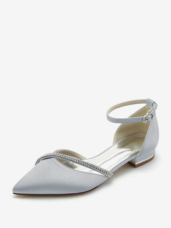 シルバー ブライダルシューズ ブライダルフラット シルク＆サテン ポインテッドトゥ ラインストーン