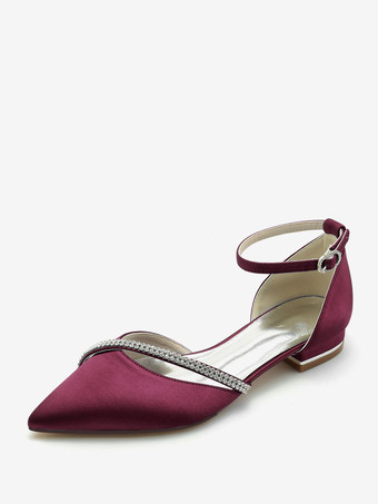 ワインレッド ブライダルシューズ ブライダルフラット シルク＆サテン ポインテッドトゥ ラインストーン