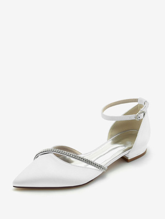 ホワイト ブライダルシューズ ブライダルフラット シルク＆サテン ポインテッドトゥ ラインストーン