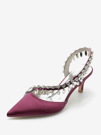 ワインレッド ウェディングシューズ ブライダルパンプス シルク＆サテン ポインテッドトゥ ラインストーン