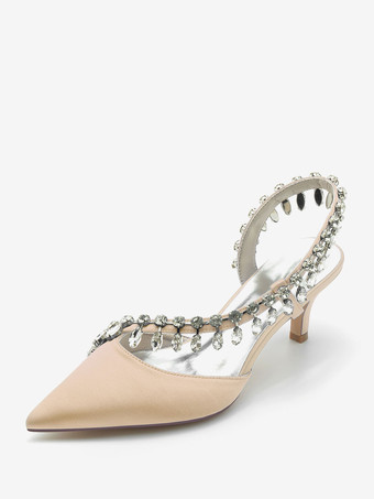 シャンパンカラーウェディングシューズ ブライダルパンプス シルク＆サテン ポインテッドトゥ ラインストーン