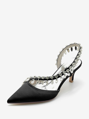 ブラック ウェディングシューズ ブライダルパンプス シルク＆サテン ポインテッドトゥ ラインストーン