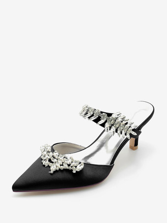 ブラック ウェディングシューズ ブライダルパンプス シルク＆サテン ポインテッドトゥ ラインストーン