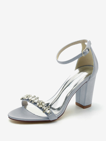 シルバー ウェディングシューズ サテン バーガンディ ラインストーン オープントゥ ウェディングサンダル