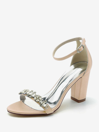 シャンパンカラーウェディングシューズ サテン バーガンディ ラインストーン オープントゥ ウェディングサンダル