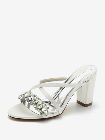 アイボリー ブライダルサンダル ディープブルー サテン シック オープントゥ ラインストーン ウェディングサンダル