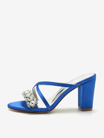 ブライダルサンダル ディープブルー サテン シック オープントゥ ラインストーン ウェディングサンダル