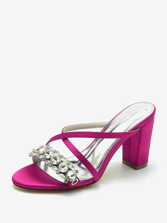 ローズレッドブライダルサンダル ディープブルー サテン シック オープントゥ ラインストーン ウェディングサンダル