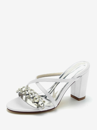 ホワイト ブライダルサンダル ディープブルー サテン シック オープントゥ ラインストーン ウェディングサンダル