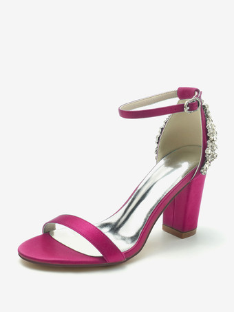 ローズレッドウェディングシューズ サテン アイボリー ラインストーン オープントゥ ウェディングサンダル