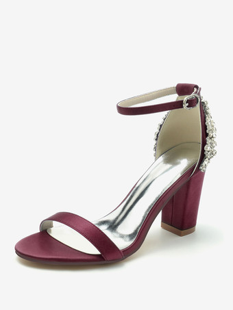 ワインレッド ウェディングシューズ サテン アイボリー ラインストーン オープントゥ ウェディングサンダル