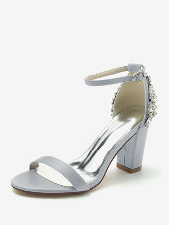 シルバー ウェディングシューズ サテン アイボリー ラインストーン オープントゥ ウェディングサンダル