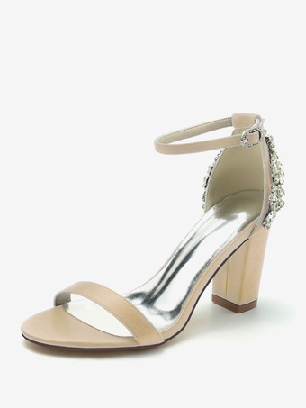 シャンパンカラーウェディングシューズ サテン アイボリー ラインストーン オープントゥ ウェディングサンダル