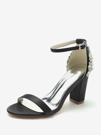 ブラック ウェディングシューズ サテン アイボリー ラインストーン オープントゥ ウェディングサンダル