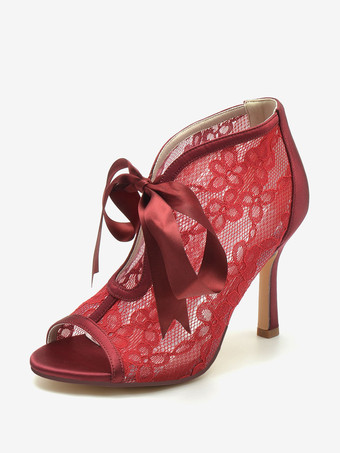 ワインレッド ウェディング シューズ レース ホワイト ボウ ピープトウ ウェディング サンダル