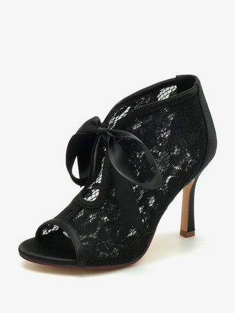 ブラック ウェディング シューズ レース ホワイト ボウ ピープトウ ウェディング サンダル