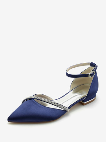 ディープブルーブライダルシューズ ブライダルフラット シルク＆サテン ポインテッドトゥ ラインストーン