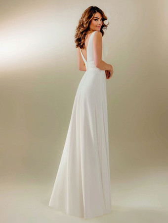 シンプルなウェディングドレス A ライン V ネック ノースリーブ レース ブライダル ドレス無料カスタマイズ