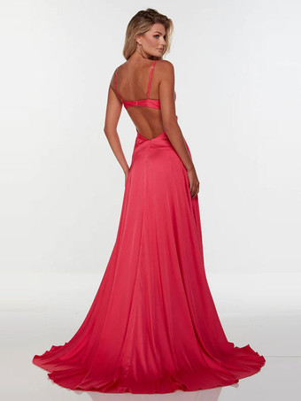 プロムドレスA ライン V ネック弾性シルクのようなサテンノースリーブスプリットフロントページェントドレス無料カスタマイズ