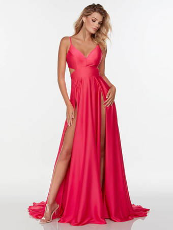 プロムドレスA ライン V ネック弾性シルクのようなサテンノースリーブスプリットフロントページェントドレス無料カスタマイズ