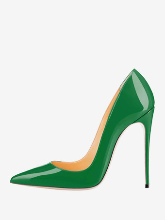 グリーン 女性用 ヒール スリッポン パンプス ポインテッドトゥ スティレットヒール PUレザー