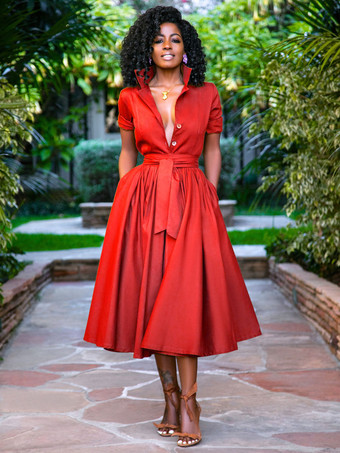 レッド ミディシャツドレス オレンジ スタンドカラー サッシュ 半袖 レイヤードドレス