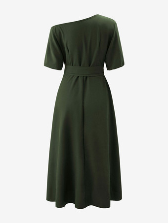 Party Dresses Green Asymmetrical Neck Sash Short Sleeves Layered Semi Formal Dress