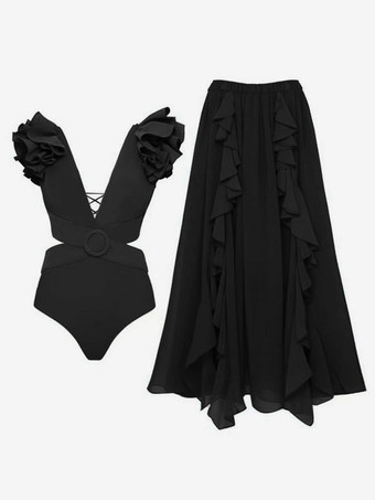 女性のためのモノキニ水着セット フリル V ネック夏のセクシーな水着