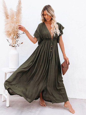 ハンターグリーン レディース カバーアップ アプリコット ボタン Vネック 半袖 レイヤード 夏 ビーチ 水着