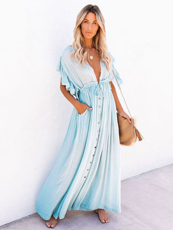 ライトスカイブルーレディース カバーアップ アプリコット ボタン Vネック 半袖 レイヤード 夏 ビーチ 水着