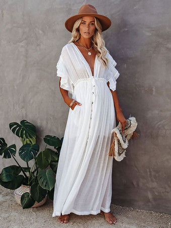 ホワイト レディース カバーアップ アプリコット ボタン Vネック 半袖 レイヤード 夏 ビーチ 水着