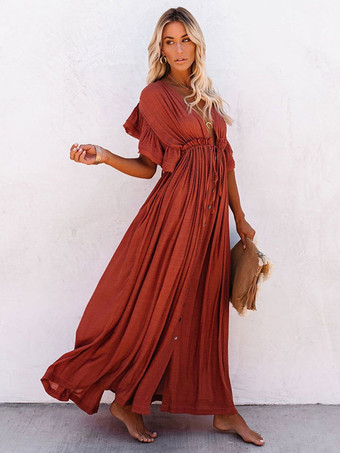 マルーンレディース カバーアップ アプリコット ボタン Vネック 半袖 レイヤード 夏 ビーチ 水着